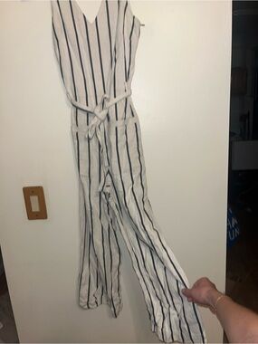 Madewell White Jumpsuit with Navy Vertical Stripes